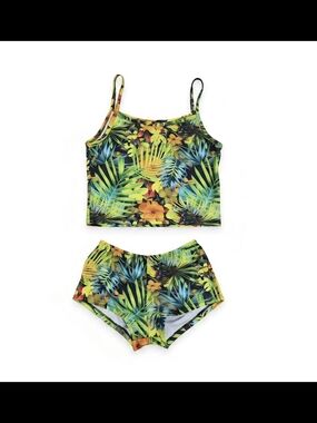Tropical Print Crop Tank & Shorts Swim Set - Green Multi